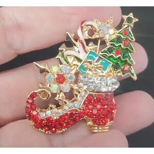 Christmas Santa Boot Brooch Rhinestone & Enamel on Gold Tone Metal Gifts Tree